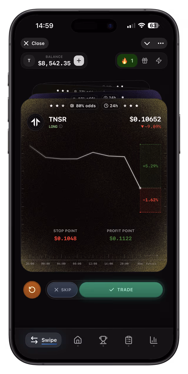 SwipeX signal interface - live trade card view